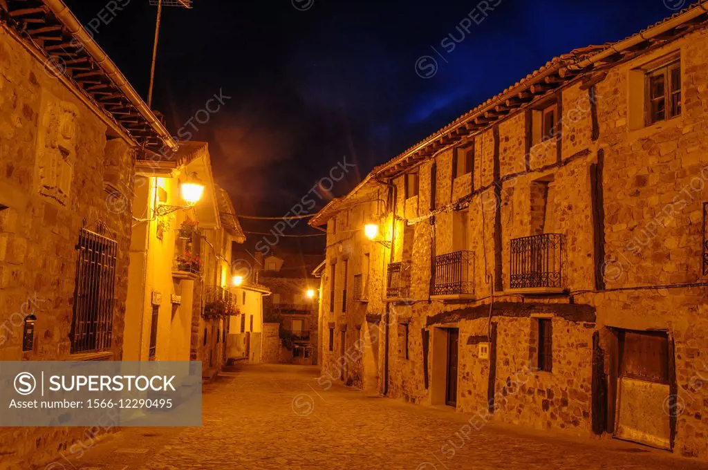 Lumbreras street by night, Lumbreras, Sierra de Cebollera Natural Park, Sistema Iberico, La Rioja, northern Spain.