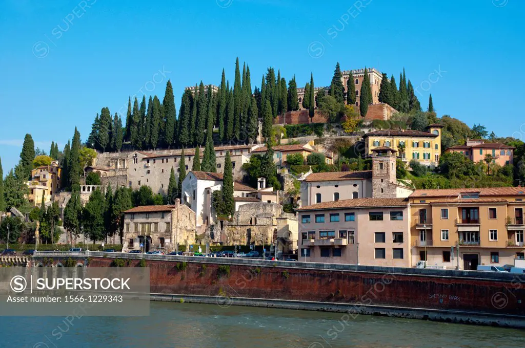 Veronetta district with Archeology museum and castel San Pietro in background Verona city the Veneto region northern Italy Europe