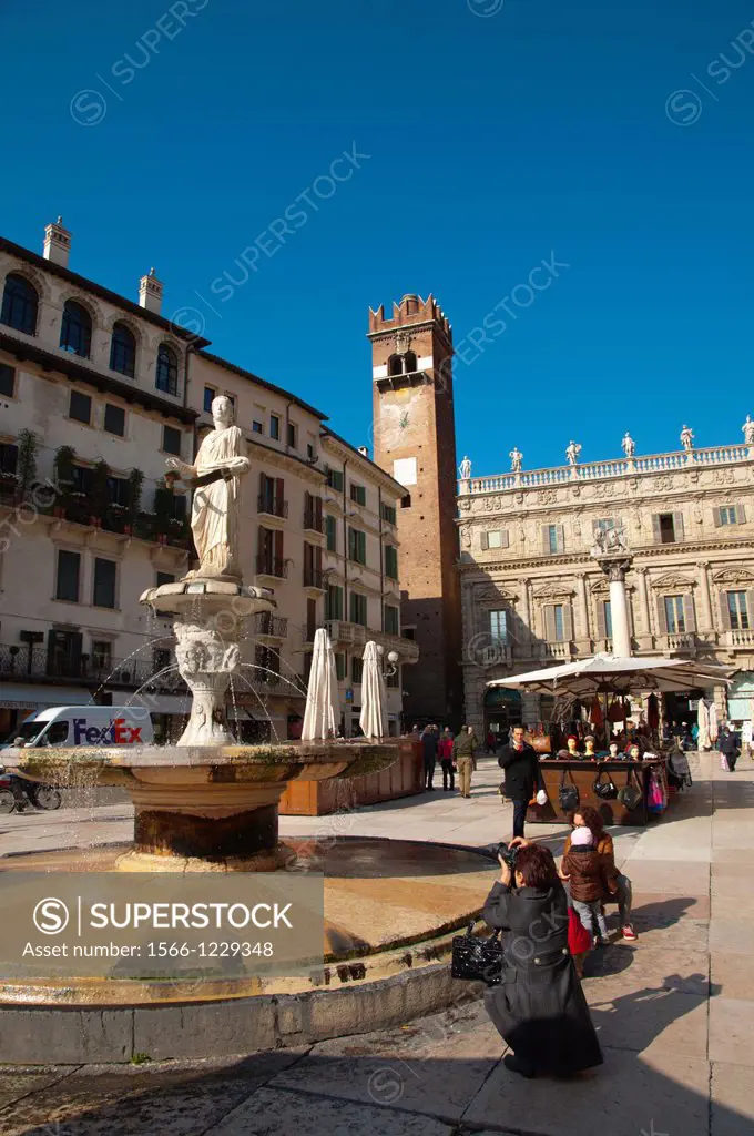 Madonna Verone fountain 1386 Piazza delle Erbe square central Verona city the Veneto region northern Italy Europe