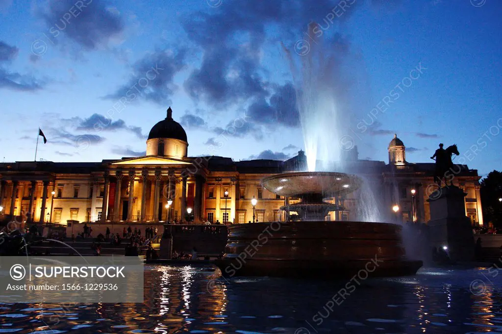 Blue hour in Trafalgar Square and National Gallery, London, United Kingdom