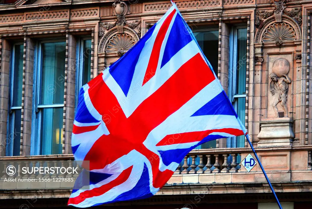 Union Jack flag seen at London, England, New Year´s Day Parade as it passes down Pall Mall East, near Trafalgar Square