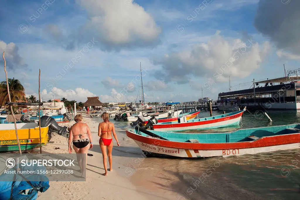 Women in bikini walking on the beach, Isla Mujeres, Cancun, Quintana Roo, Yucatan Province, Mexico, Central America.