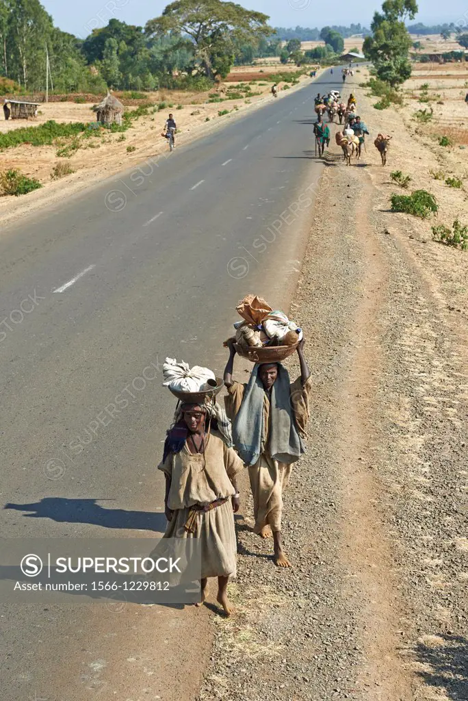 Locals returning from the market on the side of the road with donkeys, groceries and supplies