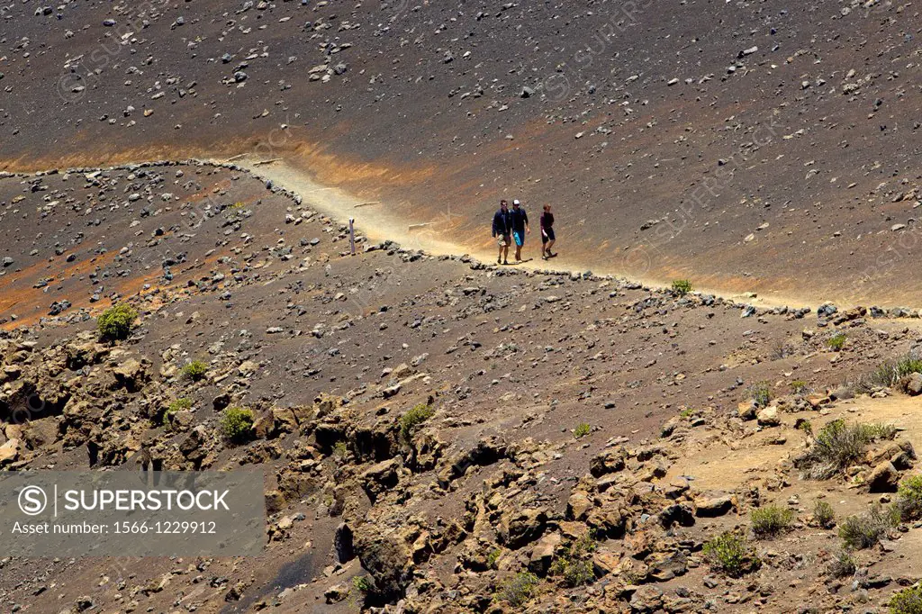 People walking into the crater, Haleakala National Park, Hawaii, USA