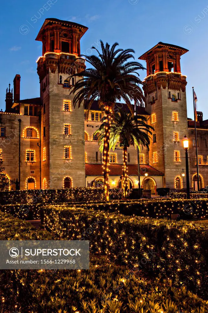 Christmas lights decorate the Lightner Museum in St  Augustine, Florida  The building was originally the Alcazar Hotel