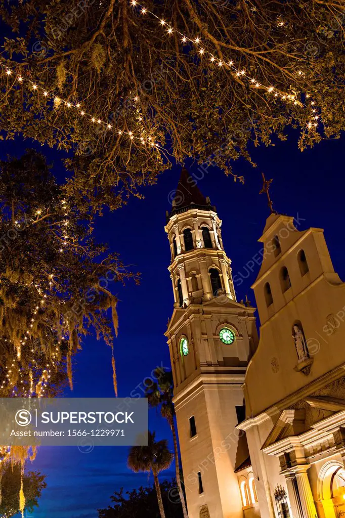 Christmas lights decorate the Cathedral Basilica of St Augustine in St  Augustine, Florida  The lights are part of the Night of Lights festival