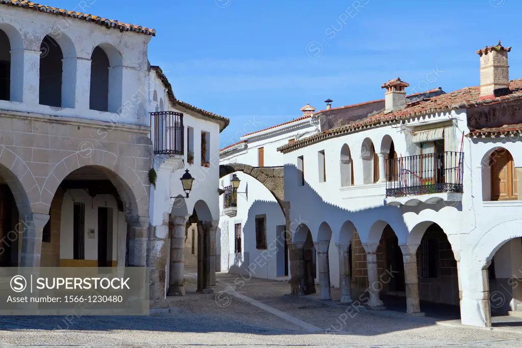 A typical corner in the famous main square of Garrovillas de Alconétar, one of the twelve main squares of Spain and declarated BIC Cultural Interest G...