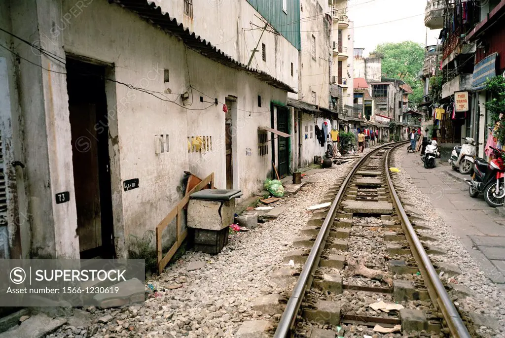 Daily life by the train tracks in Hanoi in Vietnam