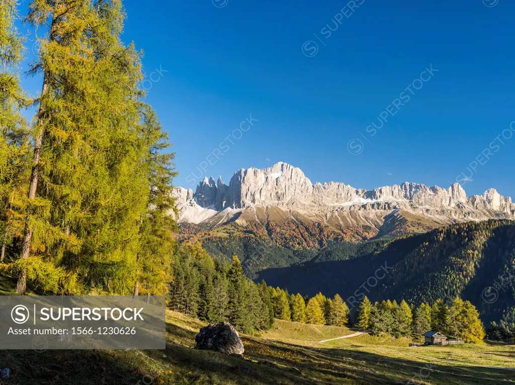 Rosengarten also called Catinaccio mountain range in the Dolomites of South Tyrol Alto Adige during autumn  The Rosengarten is part of the UNESCO worl...
