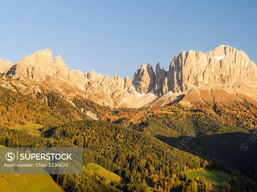 Rosengarten also called Catinaccio mountain range in the Dolomites of South Tyrol Alto Adige during autumn  The famous Vajolet Towers in the center  T...