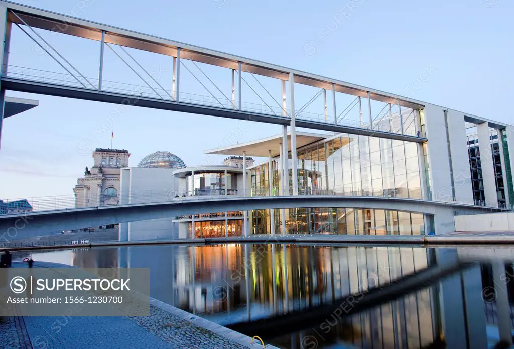 On background Reichstag, Paul Loebe House, Government Building, Government District, Spree river, Berlin, Germany, Europe.