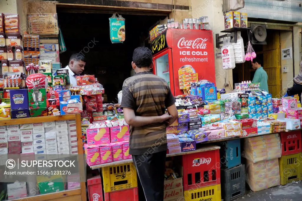 Egypt. Street scenes in so called ´Islamic Cairo´, the old quarter of the city near Bab Zuela. Small shop
