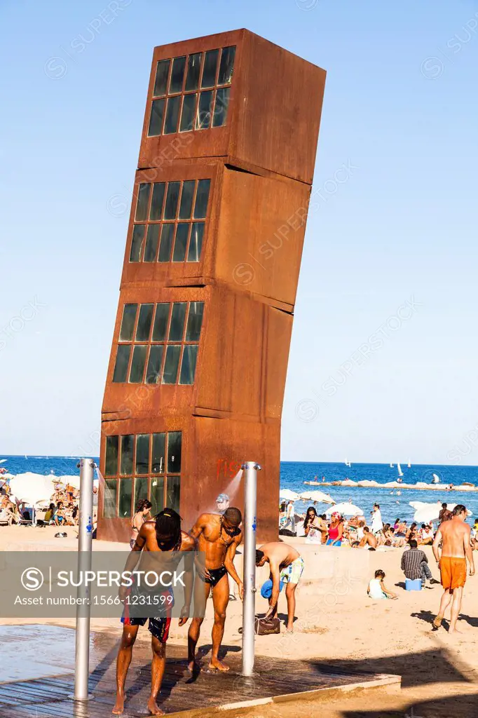 L´Estel Ferit Wounded Star, sculpture by Rebecca Horn at Platja de Sant Sebastia beach, Barcelona, Catalunya, Spain