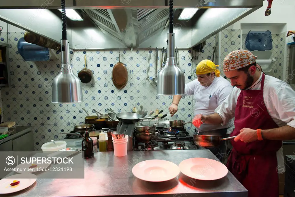 Chef Federico and his kitchen Cigae restaurant, Santa Margherita Ligure, Genova, Liguria, Italy, Europe.