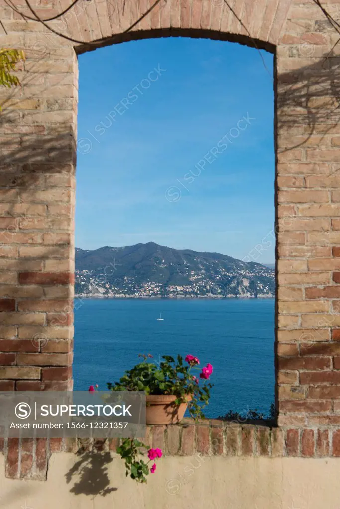Sea view from a window at Cervara Abbey, Santa Margherita Ligure, Genova, Liguria, Italia.