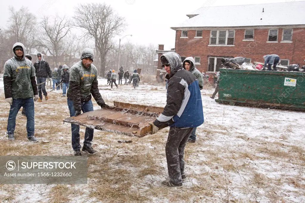 Detroit, Michigan - On Martin Luther King Jr  Day, volunteers from Wayne State University and neighborhood residents cleaned trash and debris from all...