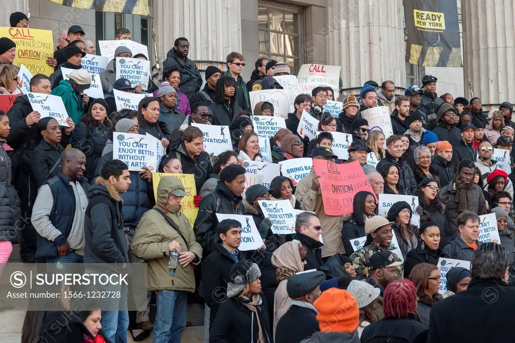 Supporters of the Ovation cable channel rally in front of Brooklyn Borough Hall in New York to demand that Time Warner Cable reinstate its carriage of...