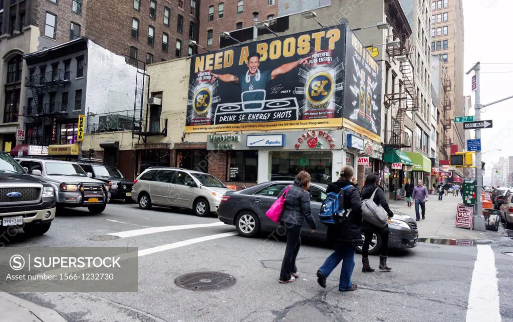 Advertising for SK Energy Shots energy drink on a billboard in New York The energy drinks, which were originally marketed to clubbers and extreme-spor...