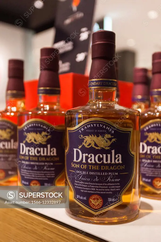 Romania, Bucharest, Bucharest Airport, Dracula-brand, Tuica de Prune, plum brandy.