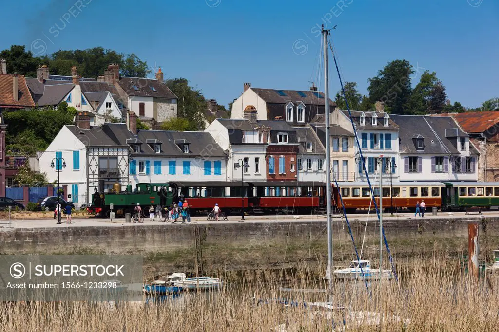 France, Picardy Region, Somme Department, St-Valery sur Somme, Somme Bay Resort town, town view with tourist train