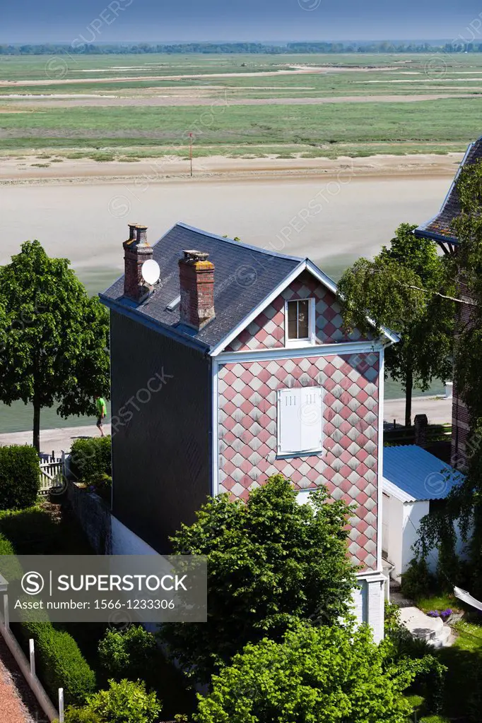 France, Picardy Region, Somme Department, St-Valery sur Somme, Somme Bay Resort town, elevated view of house by la Baie de Somme