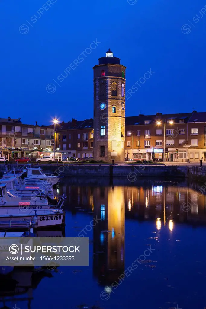 France, Nord-Pas de Calais Region, Nord Department, French Flanders Area, Dunkerque, Tour de Leughenaer, liars tower, 14th century, dusk
