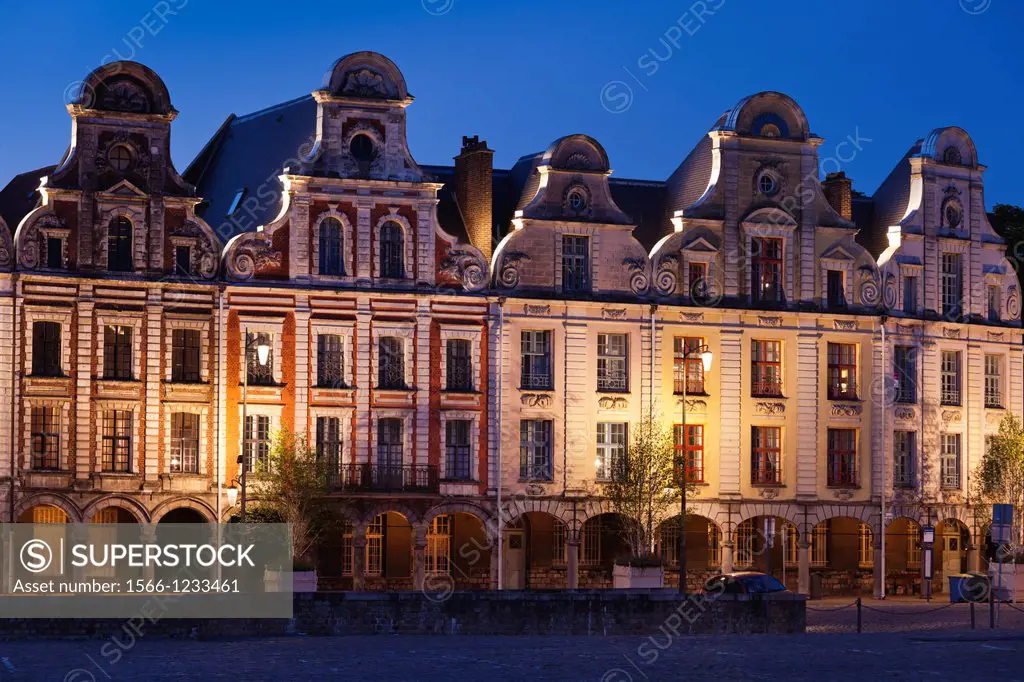 France, Nord-Pas de Calais Region, Pas de Calais Department, Arras, Grand Place buildings, dusk