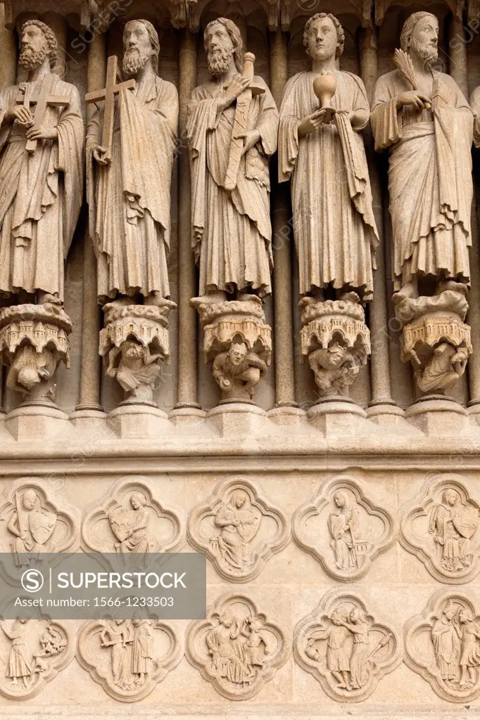 France, Picardy Region, Somme Department, Amiens, Cathedrale Notre Dame cathedral, front entrance detail