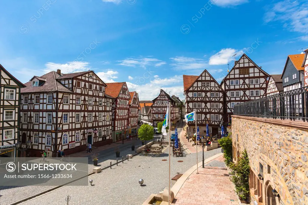 Traditional houses at the market square in Homberg Efze on the German Fairy Tale Route, Hesse, Germany, Europe