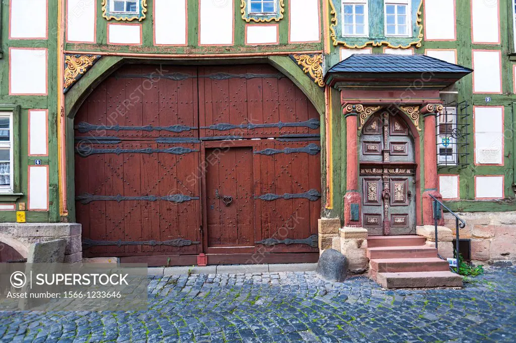 Close up of the entrance of a timbered house in Alsfeld, Hesse, Germany, Europe
