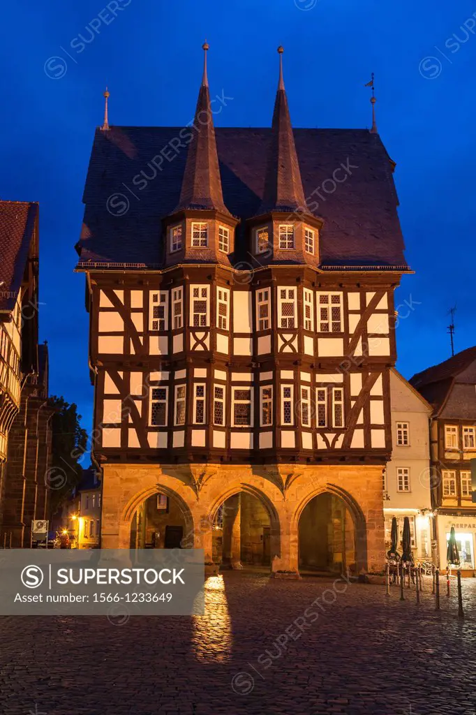 The picturesque city hall in Alsfeld on the German Fairy Tale Route at night, Hesse, Germany, Europe