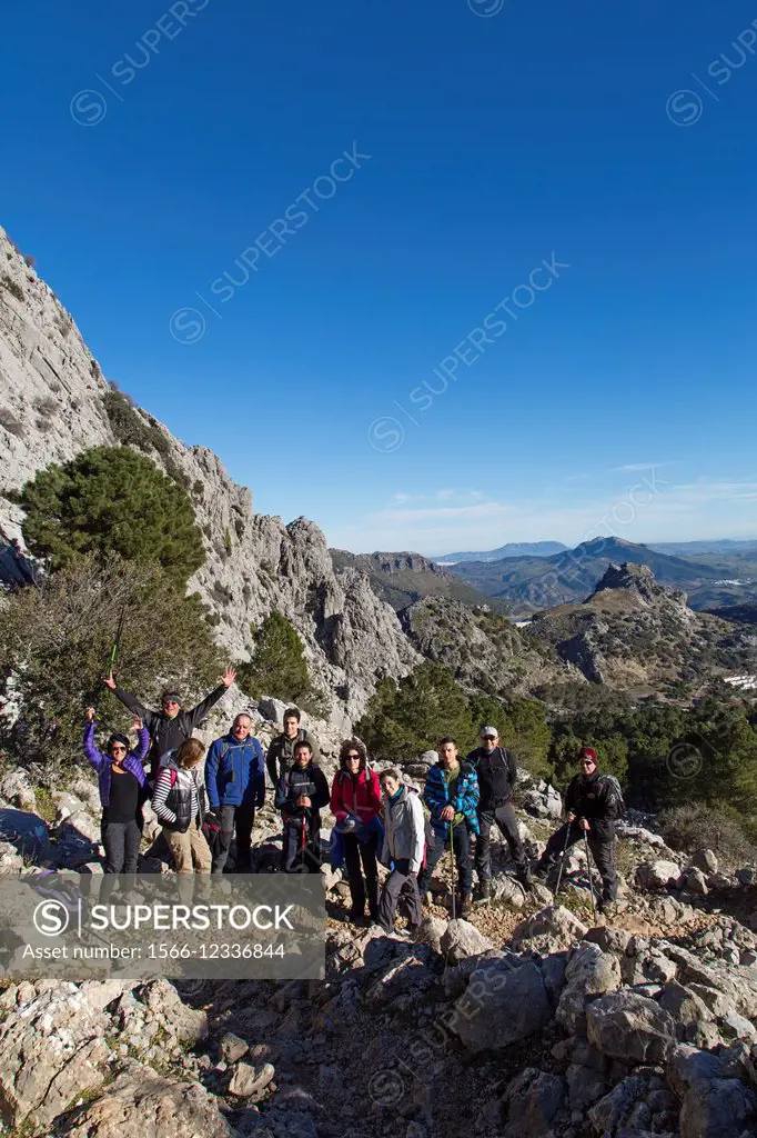 Hikers on footpath, Sierra de Grazalema, Cadiz, Andalusia, Spain