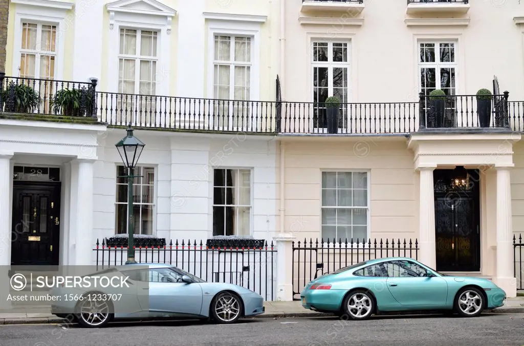 Two luxury sports cars parked in Brompton Square, Knightsbridge, London, UK