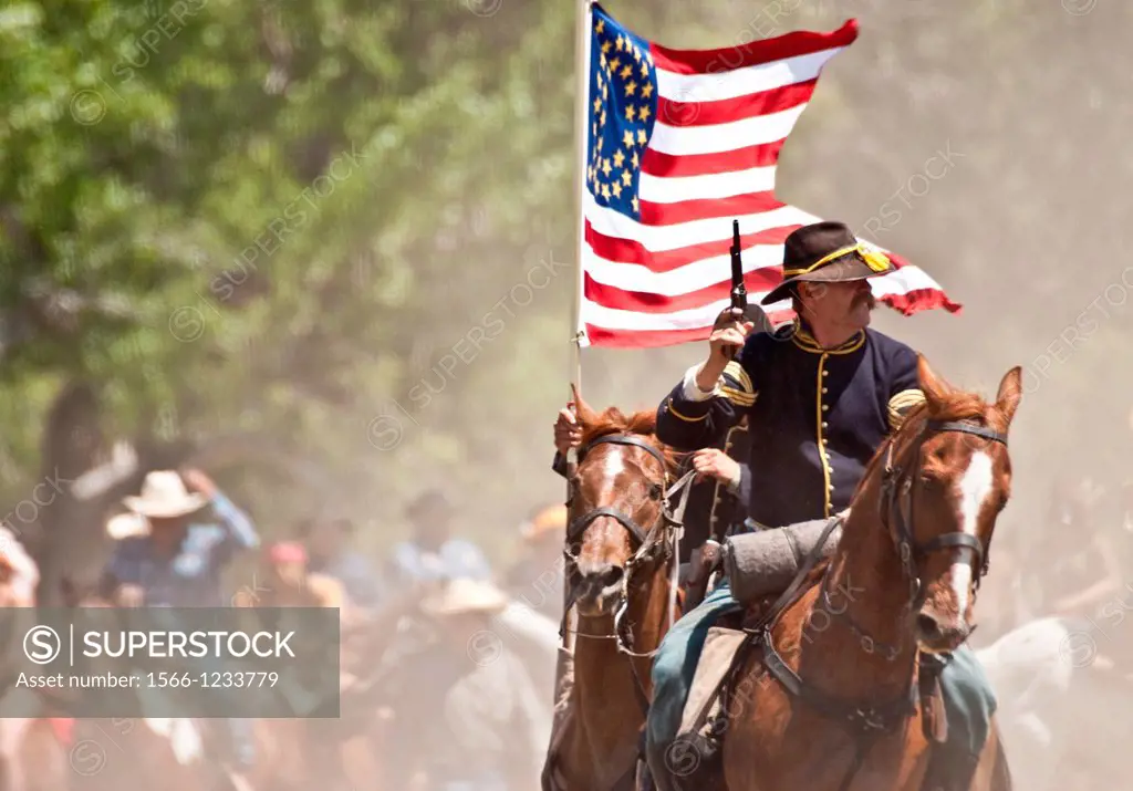 Crow Agency, Montana USA: June 26, 2009 Members of the U S  Cavalry School reenact the Battle of the Little Bighorn, also know as Custer´s Last Stand ...