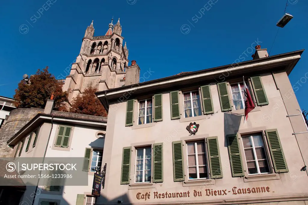 Vieux Lausanne, Bar Cafe and Restaurant with Cathedral Tower, Lausanne, Switzerland, Europe