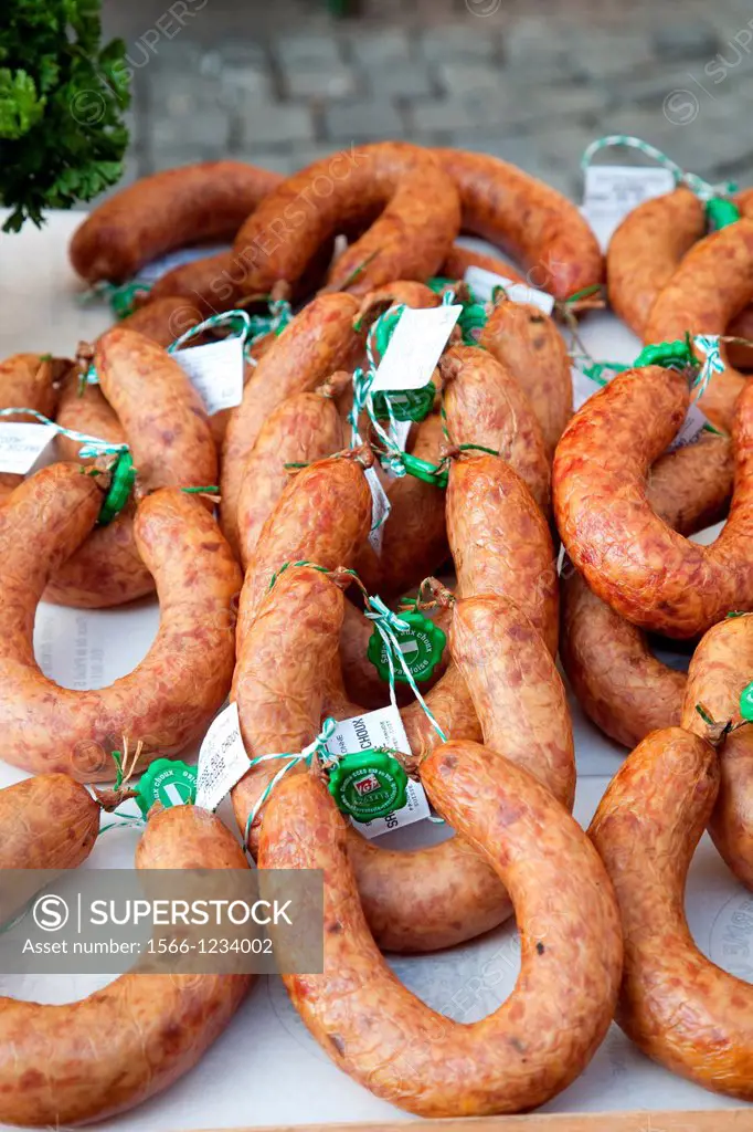 Selection of Sausage on Market Stall in Lausanne, Switzerland, Europe