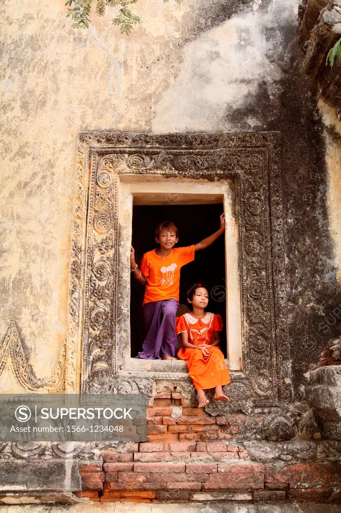 Young Boy and girl Playing near Temple in Bagan, Myanmar, Burma