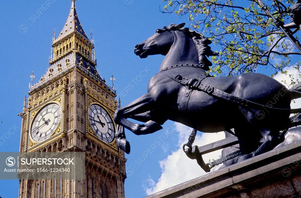 Big Ben and horse sculpture at fore, London, England, UK