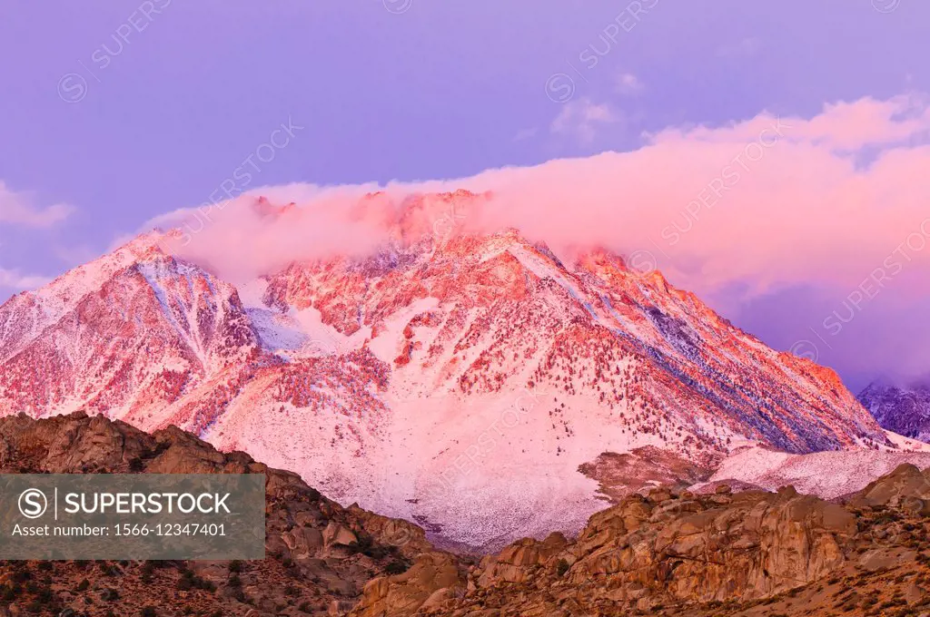 Dawn light on the Sierra crest from Buttermilk Country, Inyo National Forest, Sierra Nevada Mountains, California USA.