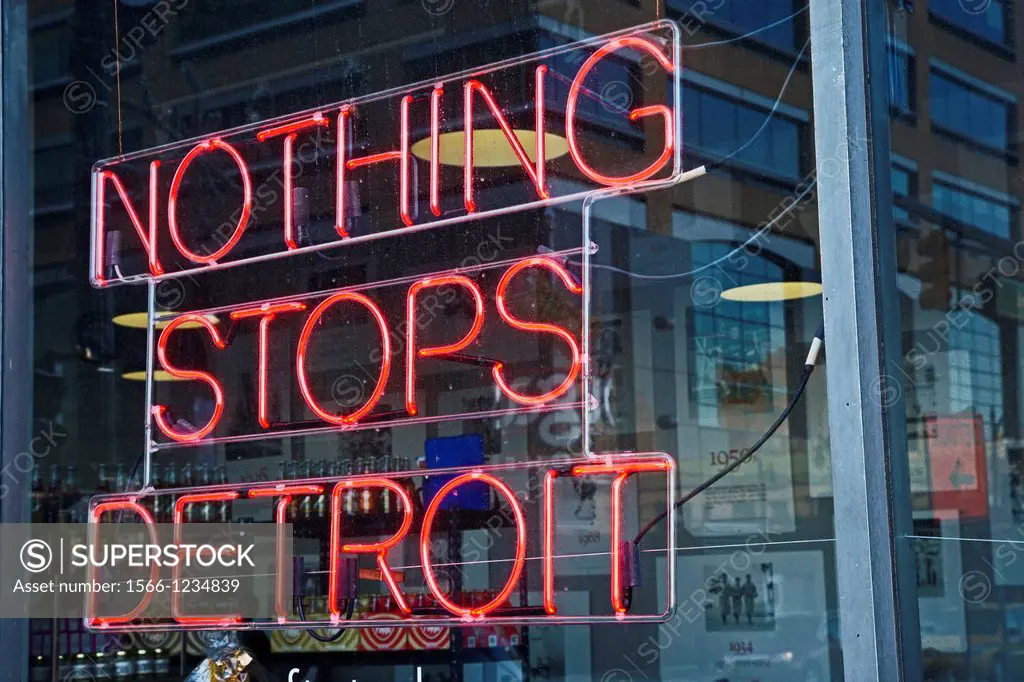 Detroit, Michigan - A neon sign on a shop selling locally-made products