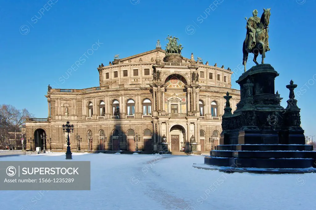 Theaterplatz with Semper Opera House and equestrian statue of King Johann of saxony at wintertime, Dresden, Saxony, Germany, Europe