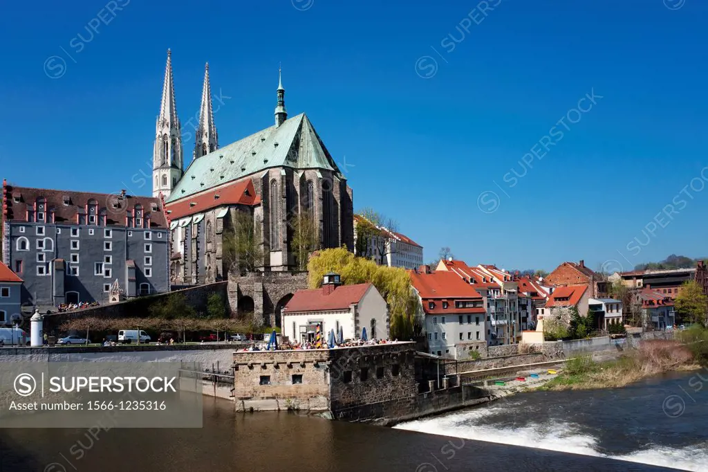View fom the old city bridge over the Neisse river to Vierraden mill and St. Peter´s Church, Görlitz, Saxony, Germany, Europe