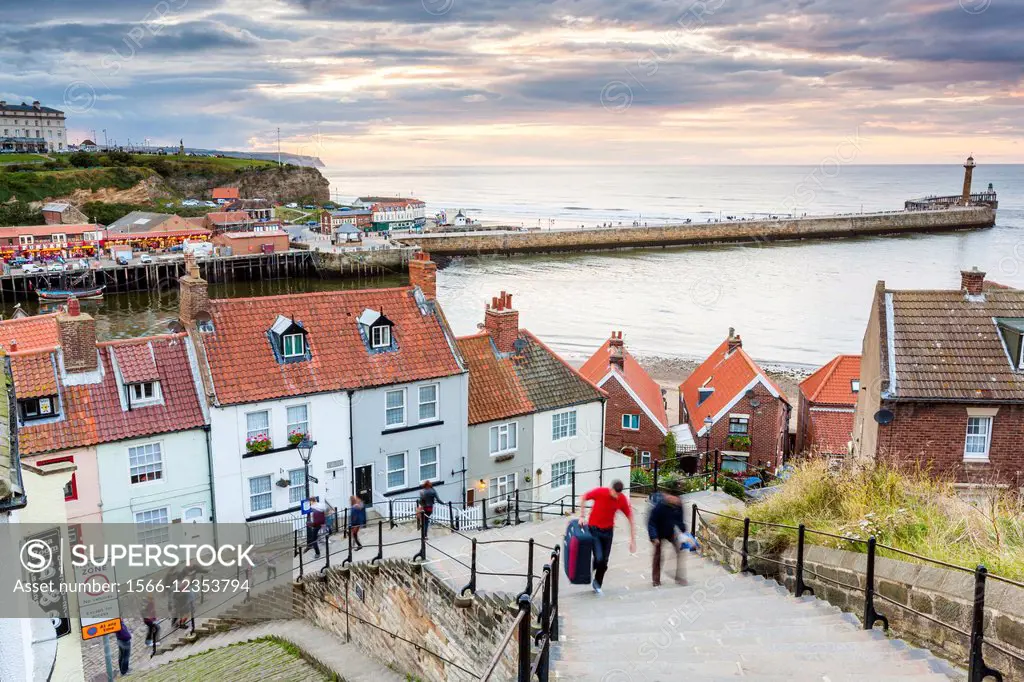 Whitby´s 199 Steps looking across harbour, North Yorkshire, England, United Kingdom, Europe.