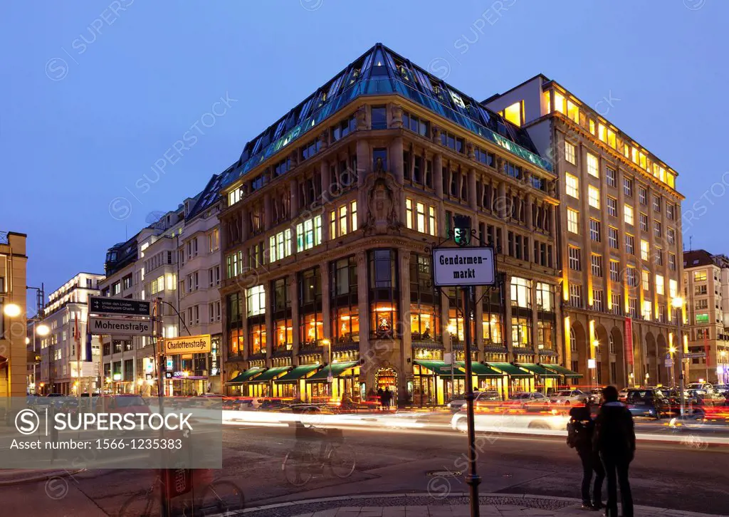Fassbender & Raush Chocolatiers, Gendarmenmarkt,Mohrenstrasse and Charlottenstrasse corner at night,Berlin,Germany