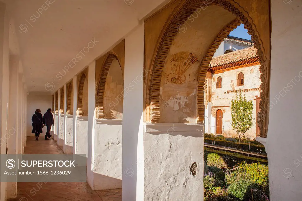 Colonnade in Patio de la Acequia courtyard of irrigation ditch  El Generalife  La Alhambra  Granada  Andalusia
