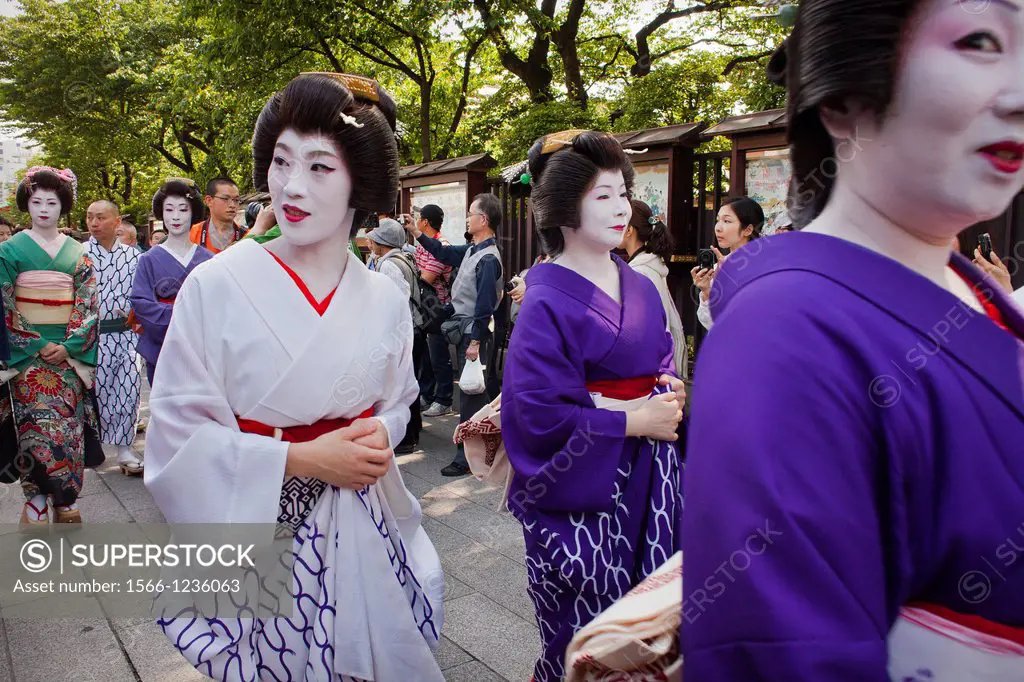 Parade during Sanja Matsuri, geishas, in Senso-ji Temple Asakusa Tokyo city, Japan, Asia