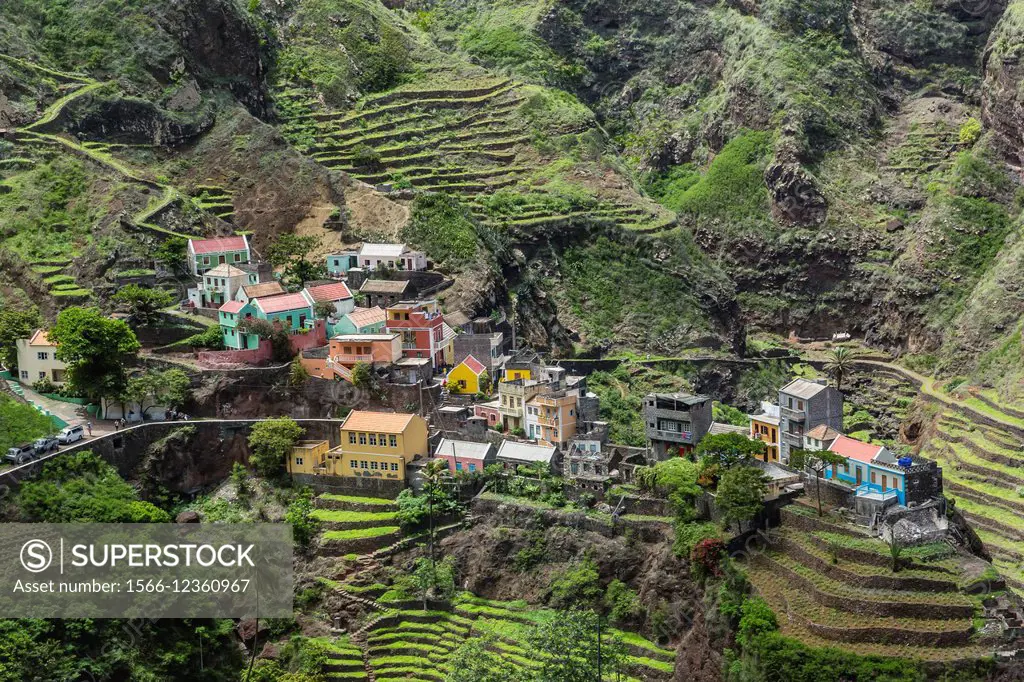 A view of the extreme terraces surrounding the village of Fontainhas on Santo Antao Island, Cape Verde.