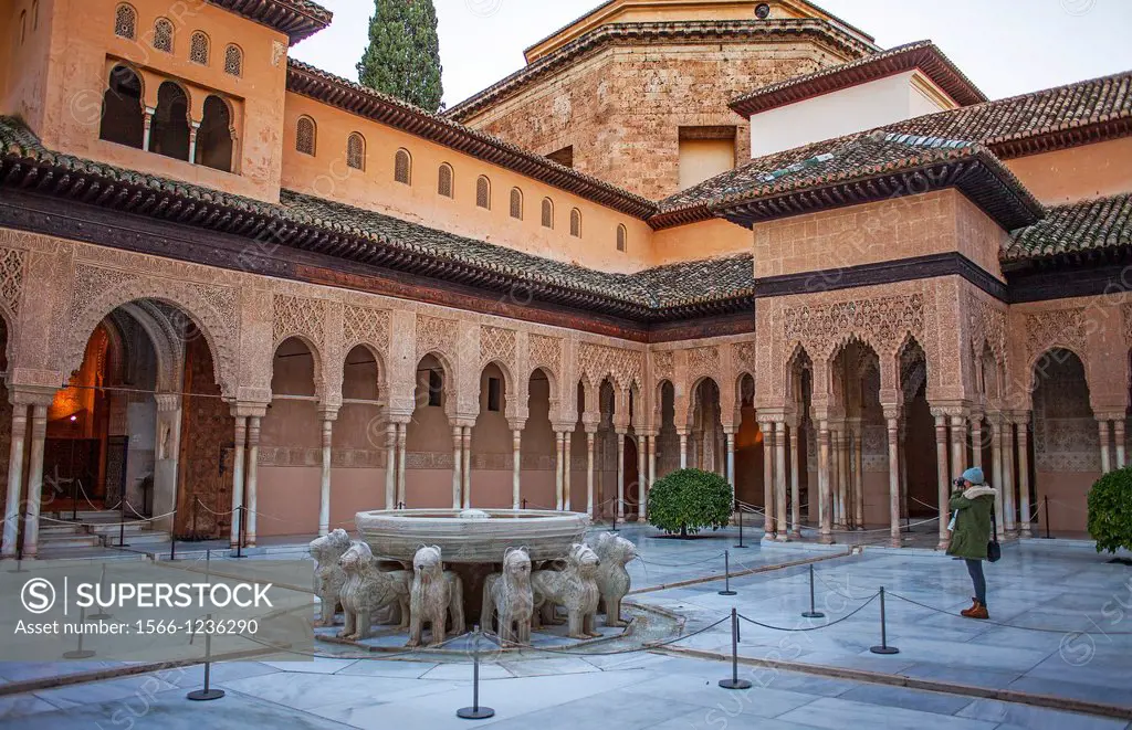 Lions fountain Courtyard of the lions  Palace of the Lions  Nazaries palaces Alhambra, Granada  Andalusia, Spain