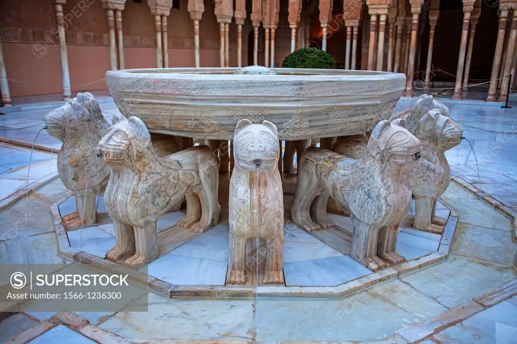 Lions fountain Courtyard of the lions  Palace of the Lions  Nazaries palaces Alhambra, Granada  Andalusia, Spain