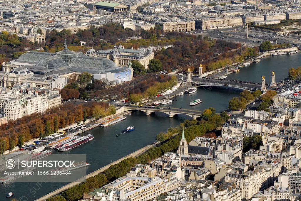 Aerial view of riverbank Seine, Paris